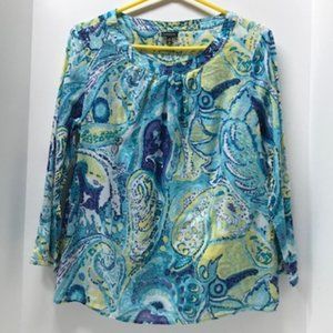 Talbots Blue & Yellow Cotton Paisley Blouse